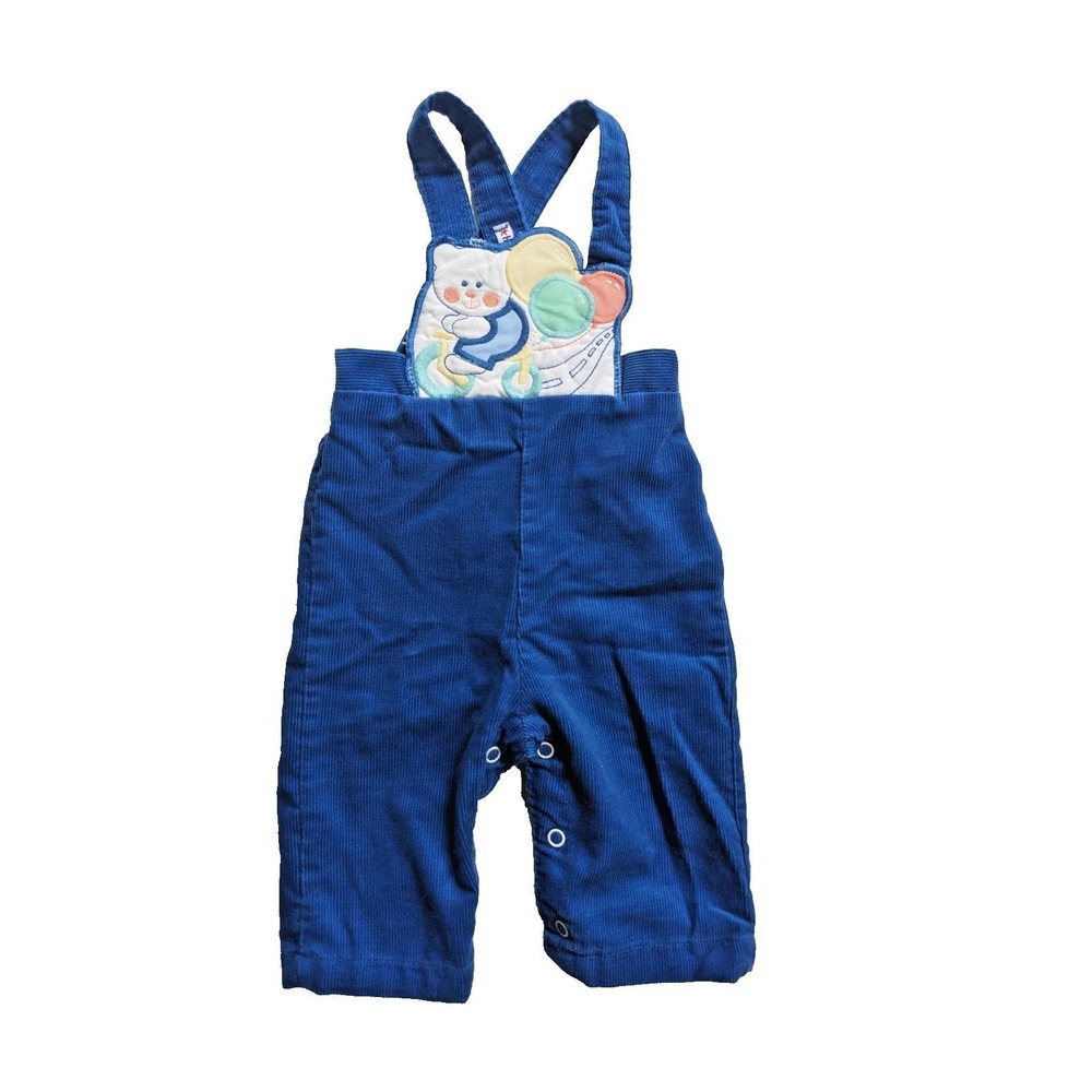Vintage 80s 90s Health-Tex Baby Overalls Blue Corduroy Teddy Bear Balloon Bib 6M
